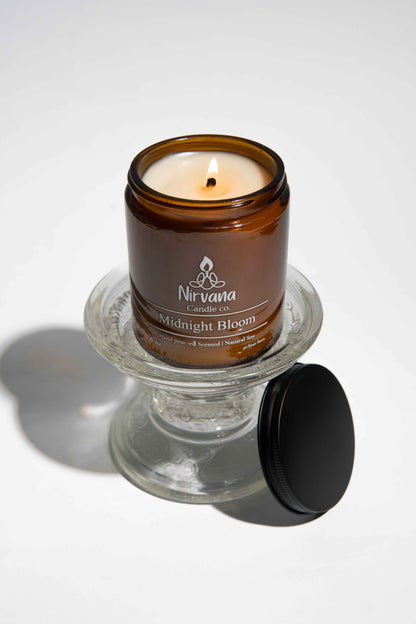 Midnight Bloom tuberose candle styled — luxury floral candle Pakistan