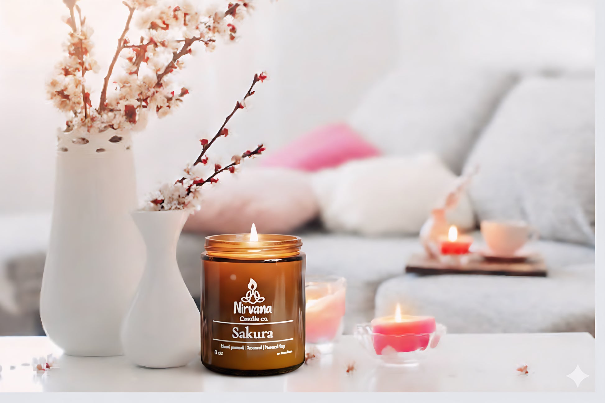 Sakura cherry blossom candle close-up — luxury hand-poured floral candle Pakistan